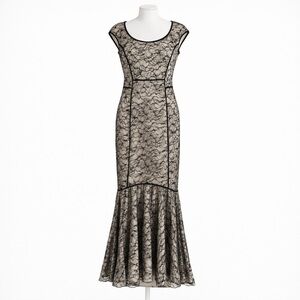 Size 10 Zac Posen Black and Cream Silk Dress with Lace Overlay - Mermaid Style